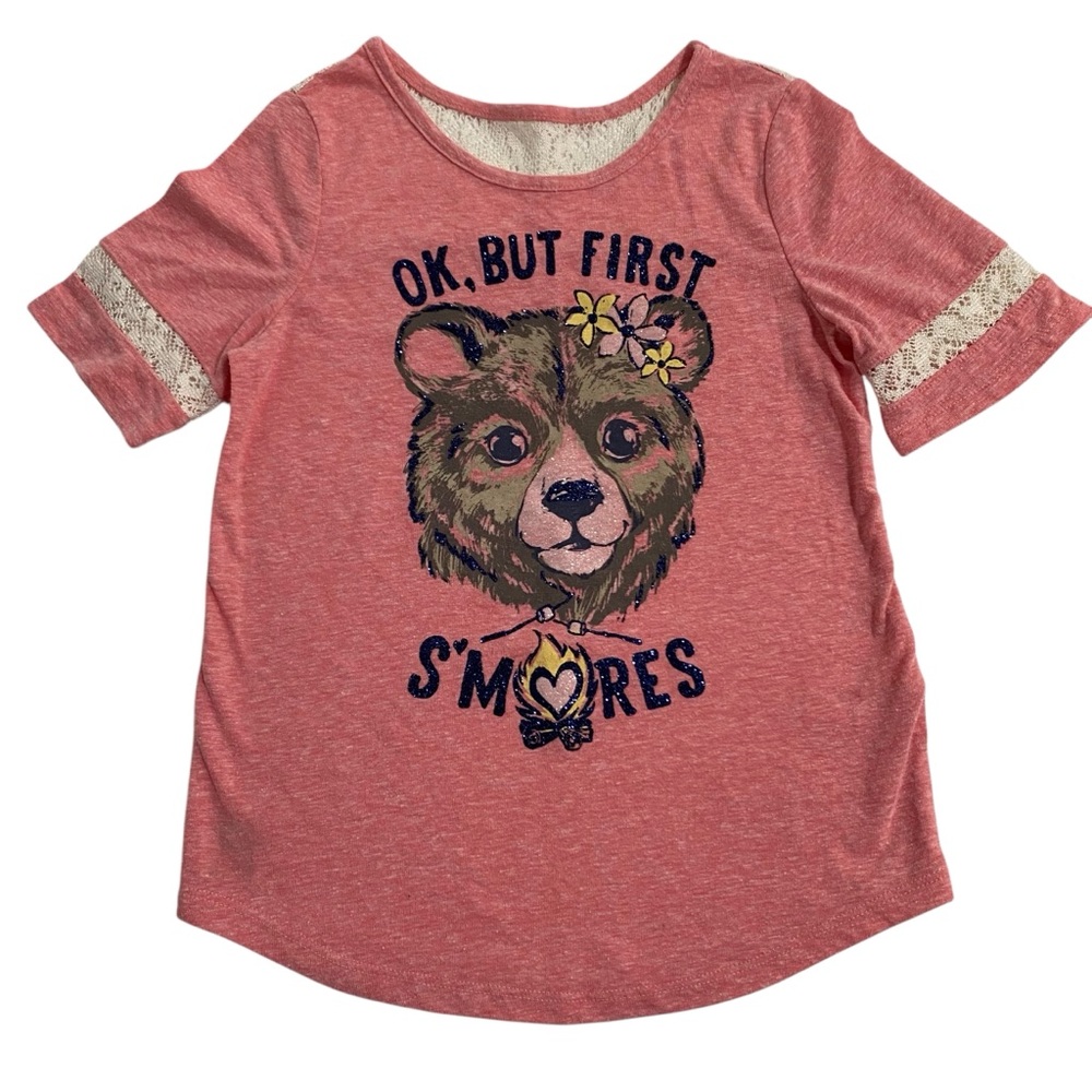 JUSTICE T-Shirt Top Size 7 Lace Pink Sparkle Bear S’mores Graphic Short Sleeve